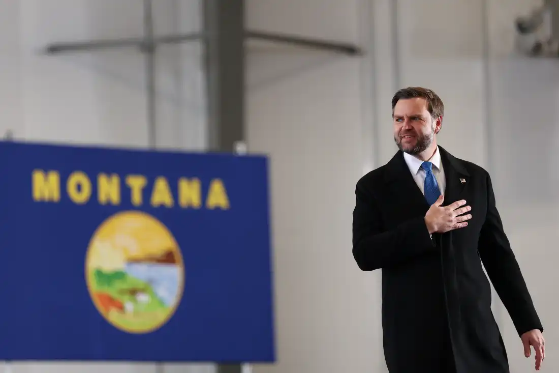 Vice President JD Vance reacts after speaking at a campaign rally at Bozeman Yellowstone International Airport, Monday, Oct. 26, 2026, in Belgrade, Mont.