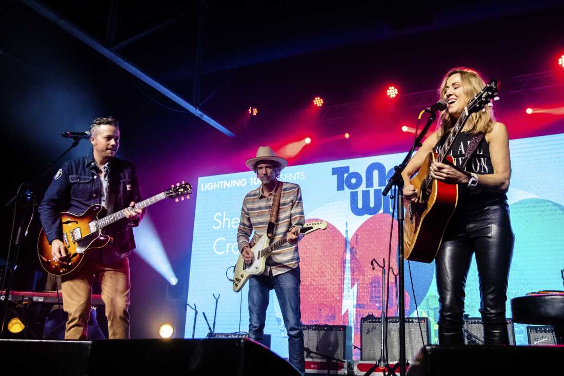 Jason Isbell, from left, Todd Snider, and Sheryl Crow perform at the To Nashville, With Love Benefit Concert at Marathon Music Works on Monday, March 9, 2020, in Nashville, TN.