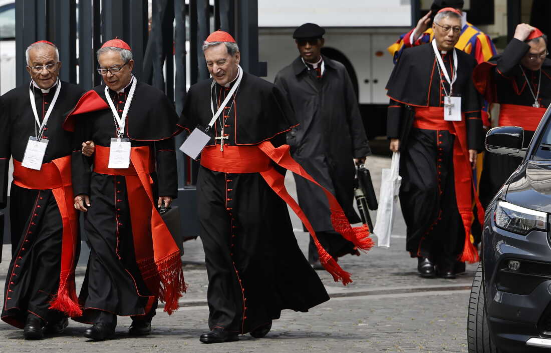 Cardinals depart a meeting with other cardinals, on April 28, 2025 in Rome, ahead of the May 7 conclave to elect Pope Francis' successor.