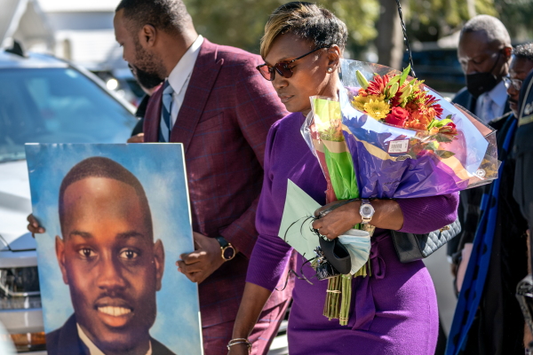 Wanda Cooper-Jones, mother of Ahmaud Arbery, leaves the Glynn County Courthouse as jury deliberations began in the trial of the killers of her son on November 23, 2021 in Brunswick, Ga. Greg McMichael, his son Travis McMichael, and a neighbor, William "Roddie" Bryan are charged with the February 2020 fatal shooting of 25-year-old Ahmaud Arbery.