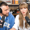 Travis Kelce looks at Taylor Swift during Wednesday's episode of New Heights.