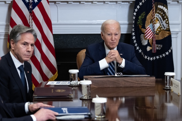 Secretary of State Antony Blinken looked on as U.S. President Joe Biden spoke during a meeting about countering the flow of fentanyl into the United States, in the Roosevelt Room of the White House Nov. 21, 2023. The session followed meetings with Chinese leader Xi Jinping, where Biden announced that he and Xi reached an understanding about reducing the flow of fentanyl precursor chemicals from China to the U.S.