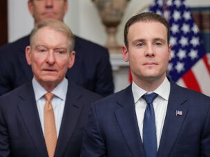 SEC Chair Paul Atkins (left) and CFTC Chair Michael Selig (right) look on during a White House crypto and technology event on Aug. 19, 2026. The Clarity Act would formally split oversight of the crypto sector across the two agencies, although the CFTC could play a larger regulatory role.
