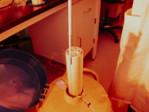 Tie pulls out frozen human embryos carrying disease-causing mutations from a cryogenic storage unit at Origin Genomics new labs.