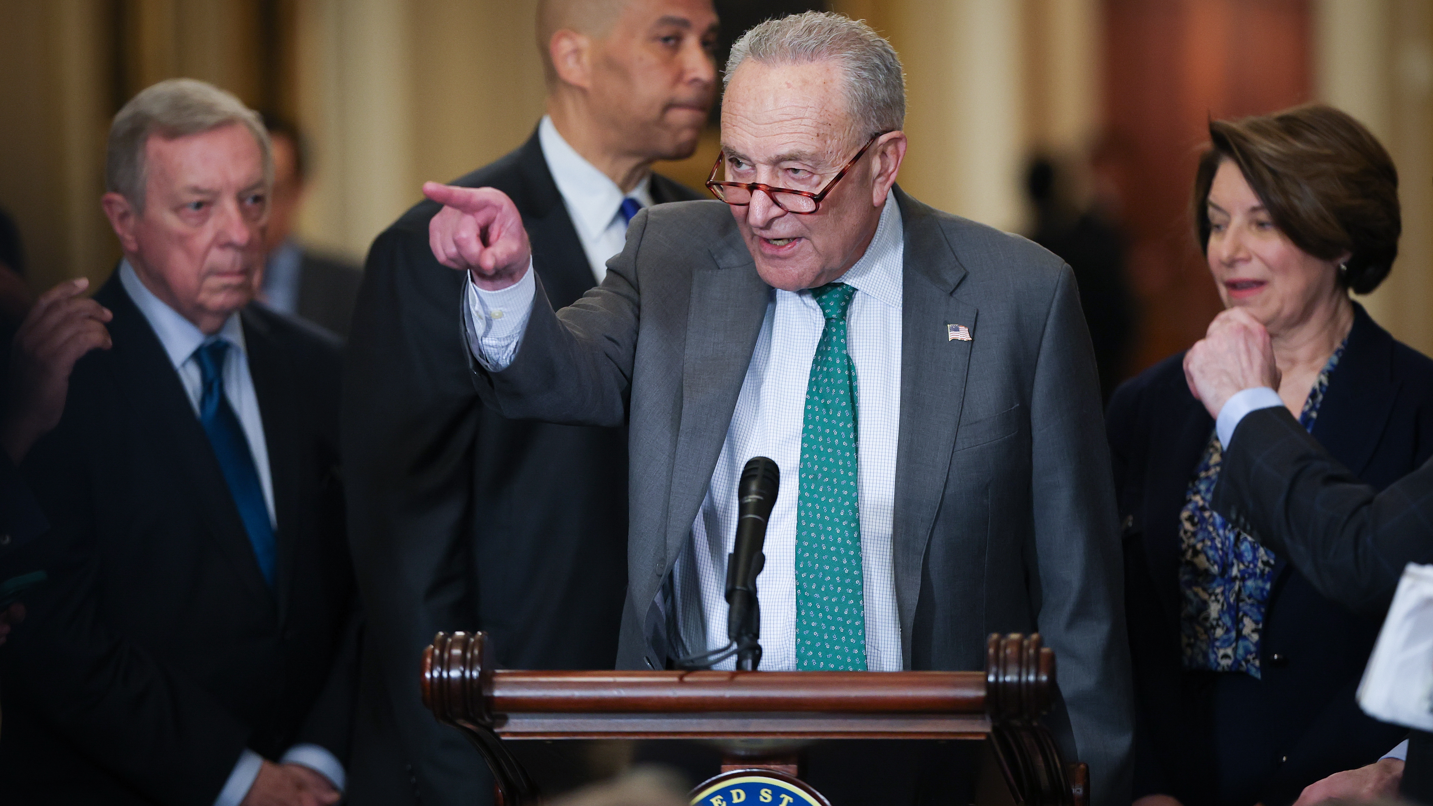 WASHINGTON, DC - MARCH 11: Senate Minority Leader Chuck Schumer (D-NY) speaks during a press conference following a policy luncheon at the U.S. Capitol on March 11, 2025 in Washington, DC. Schumer answered a range of questions during the press conference. (Photo by Win McNamee/Getty Images)