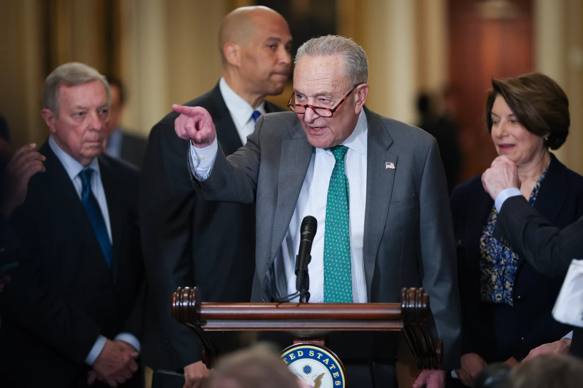 WASHINGTON, DC - MARCH 11: Senate Minority Leader Chuck Schumer (D-NY) speaks during a press conference following a policy luncheon at the U.S. Capitol on March 11, 2025 in Washington, DC. Schumer answered a range of questions during the press conference. (Photo by Win McNamee/Getty Images)