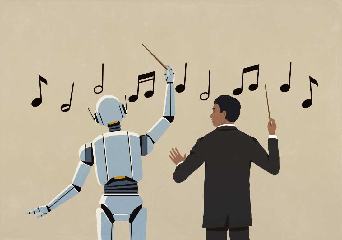 This illustration shows a music conductor standing on the right and a humanoid robot standing on the left, both with their backs to the viewer. Each is holding a conducting baton, and a string of musical notes is floating in front of them.
