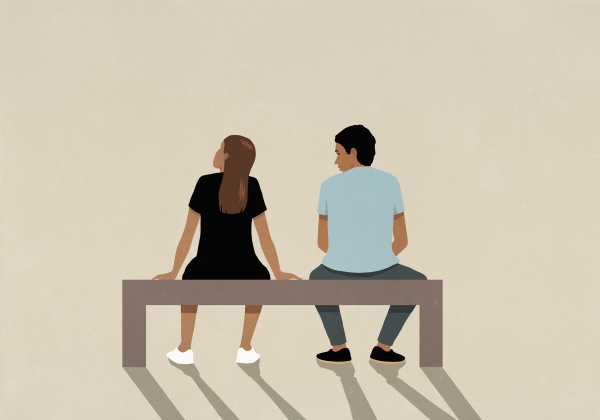 An illustration of a man and a woman sitting on a bench, the woman facing away from him.