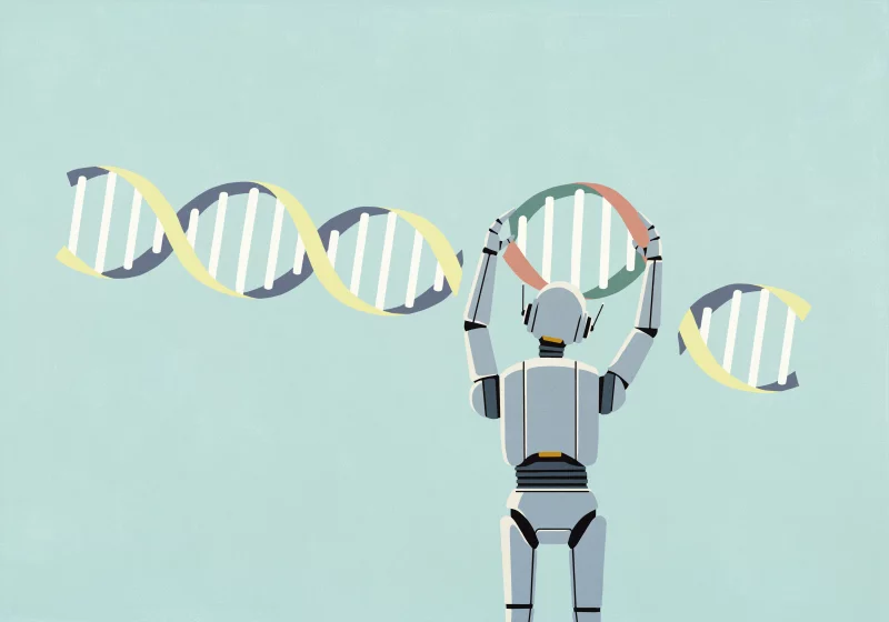 La inteligencia artificial puede evadir medidas de bioseguridad para crear ADN dañino Un robot humanoide visto de espaldas manipulando una doble hélice de ADN. El robot sostiene un segmento coloreado en verde y rojo, como si estuviera editando o reemplazando parte de la secuencia genética, sobre un fondo azul claro minimalista.