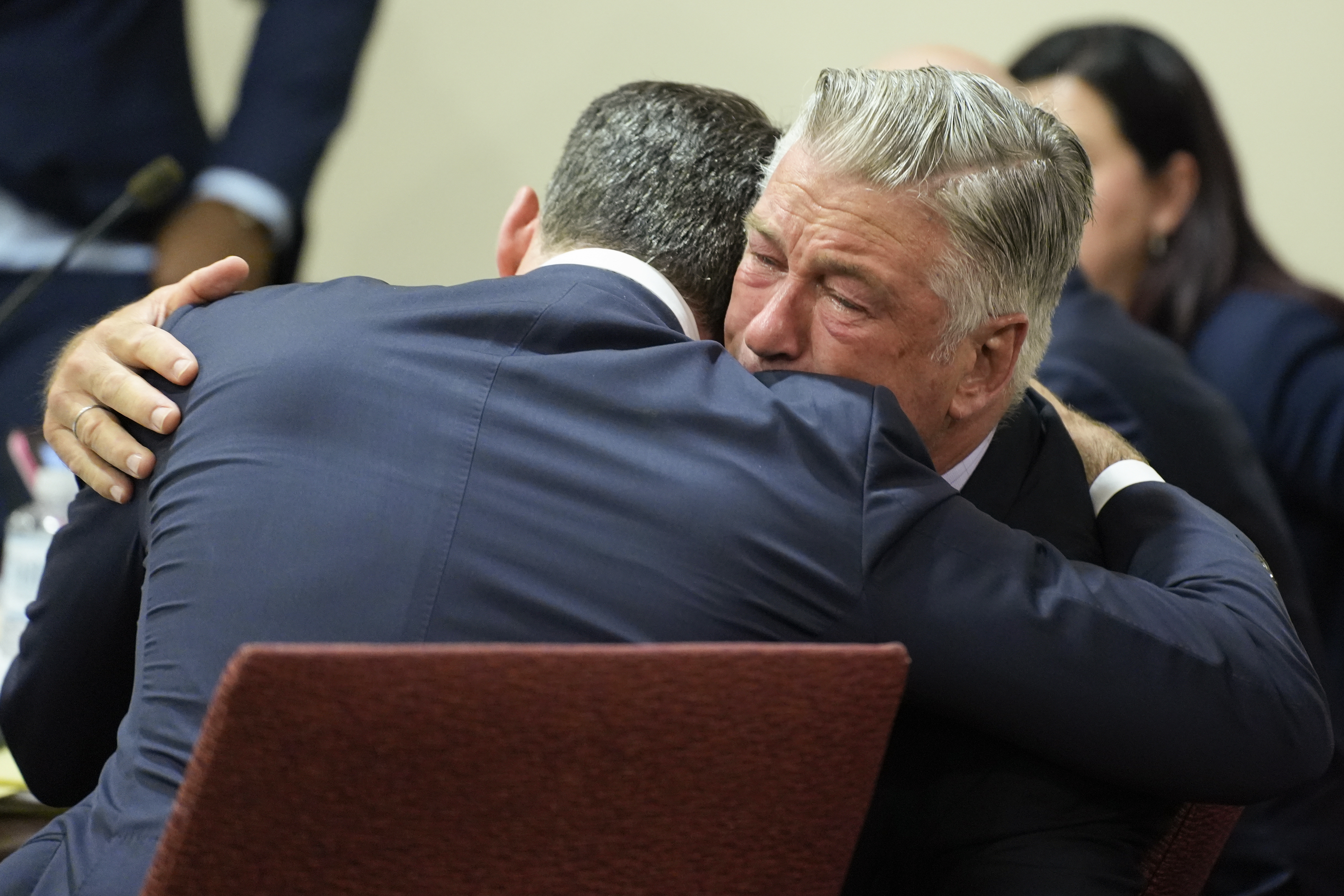Actor Alec Baldwin hugs his attorney Alex Spiro.