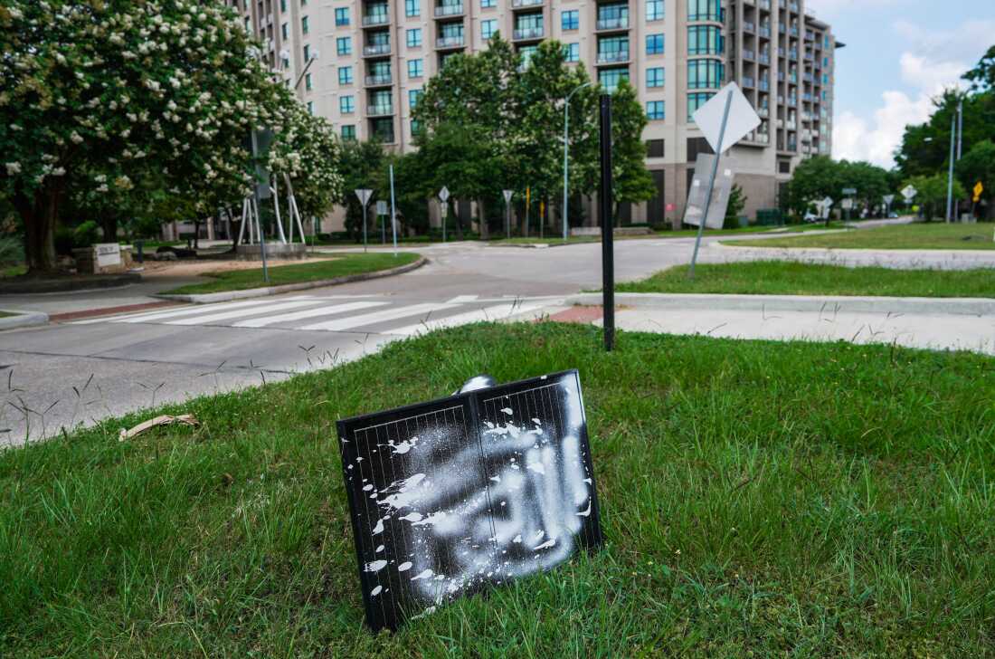 A vandalized Flock camera near Washington Avenue and Westcott is photographed in Houston, July 7, 2026.