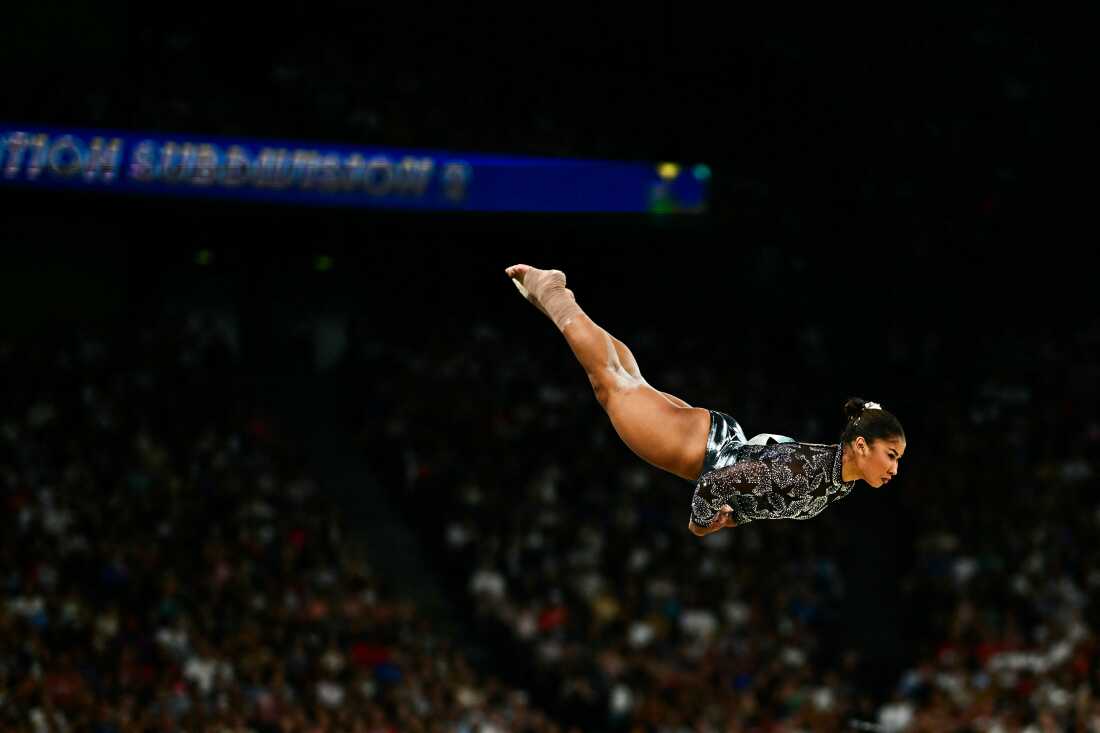 Jordan Chiles competes in the floor exercise event of the artistic gymnastics women's qualification during the Paris 2024 Olympic Games in July 2024.