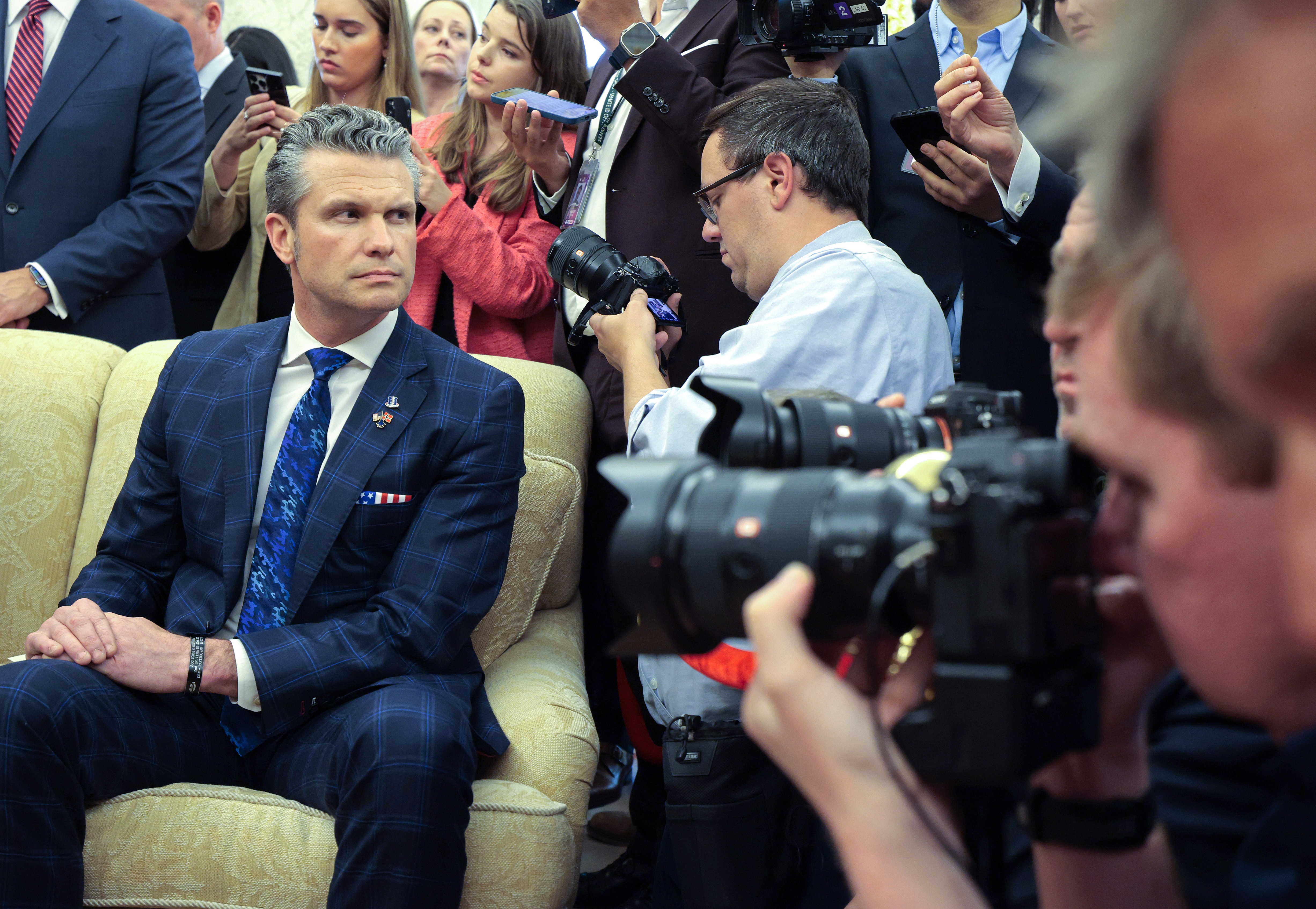 Secretary of Defense Pete Hegseth attends an Oval Office meeting with President Trump and Norway