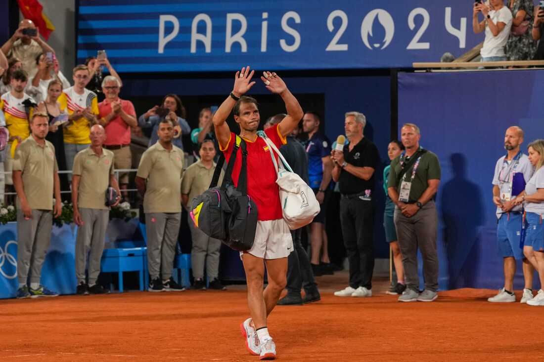 PARIS, FRANCE - JULY 31: Rafael Nadal of Spain greeting the fans after loosing his match with Carlos Alcaraz of Spain against Austin Krajicek of USA and Rajeev Ram of USA during the men's doubles quarter-final tennis match on Court Philippe-Chatrier at the Roland-Garros Stadium during the Paris 2024 Olympic Games, in Paris on July 31, 2024. (Photo By Alvaro Diaz/Europa Press via Getty Images)