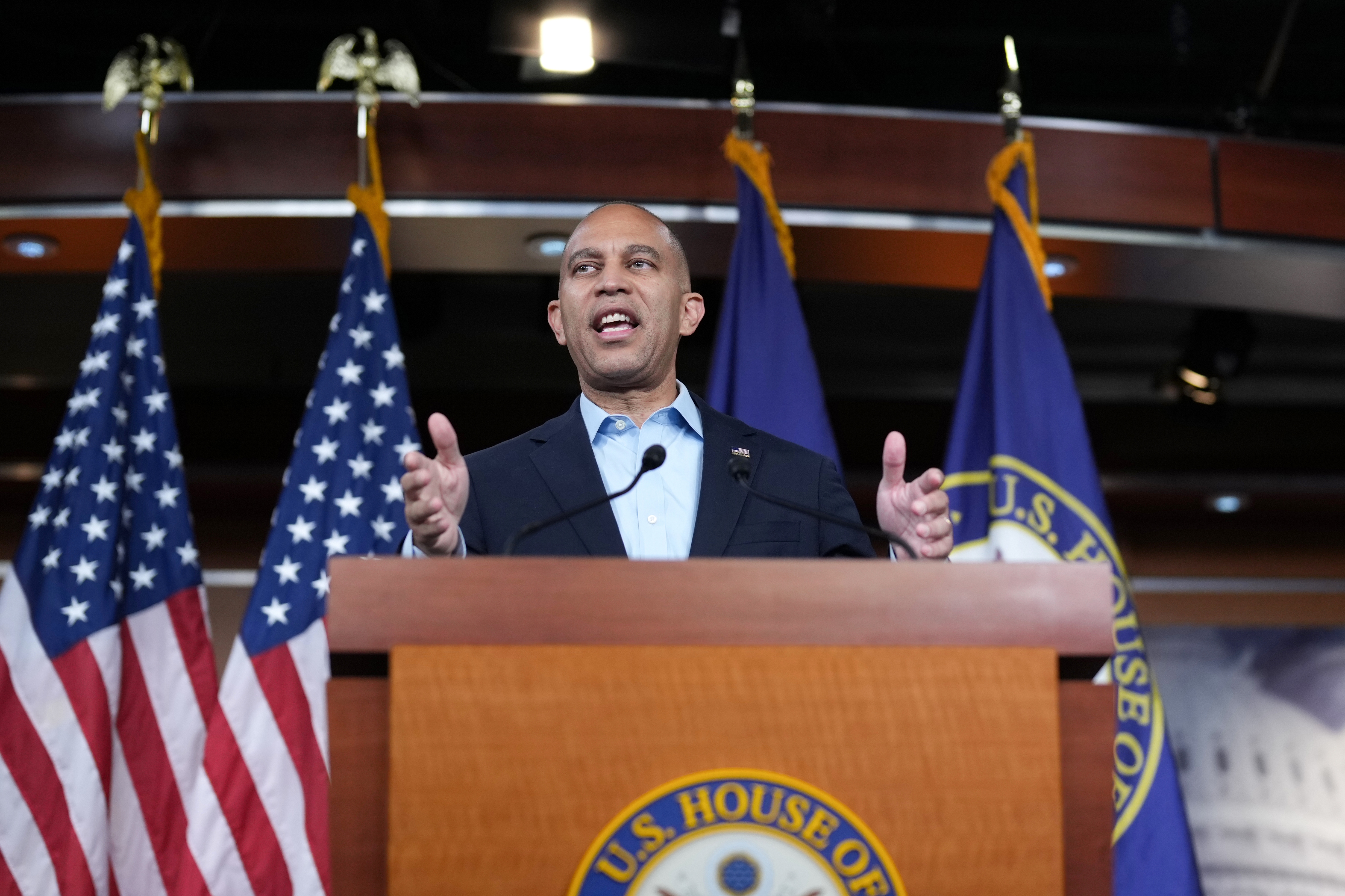 House Minority Leader Hakeem Jeffries, D-N.Y., speaks during a news conference as the government shutdown enters its third week, at the Capitol in Washington, Tuesday, Oct. 14.