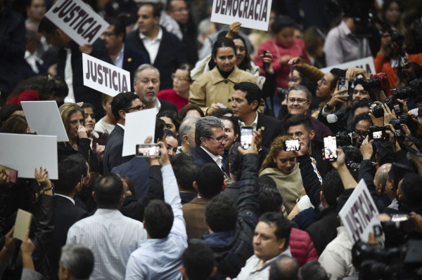 Lawmaker Ricardo Monreal celebrates after the approval of the judicial reform during a session at an alternate seat of the Mexican Congress in Mexico City's Sala de Armas, on Sept. 4.