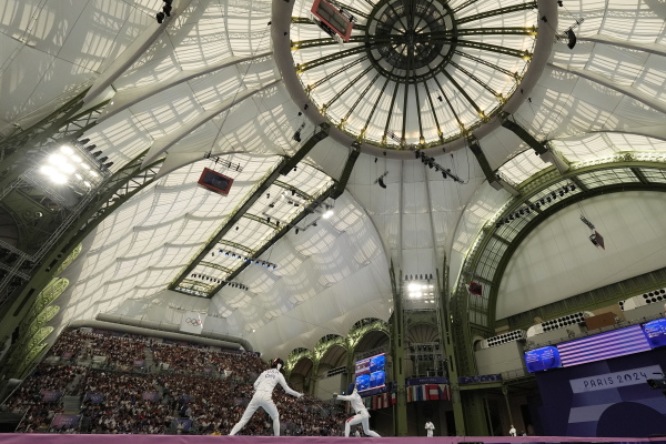 A view of the Grand Palais during the women's team Epee semifinal match between China and Italy at the 2024 Summer Olympics, Tuesday, July 30, 2024, in Paris, France.