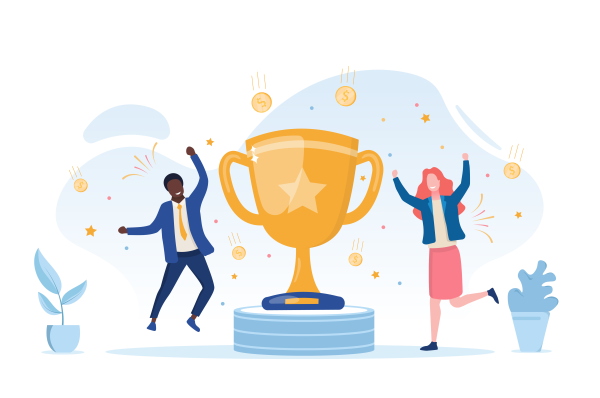 An illustration shows a gold trophy cup with a star on its face flanked by two people dressed in office attire. The people are leaping in the air and kicking up their heels, as though celebrating. A new report from Gallup and Workhuman finds employees who get meaningful recognition for their work are 45% less likely to leave their jobs.