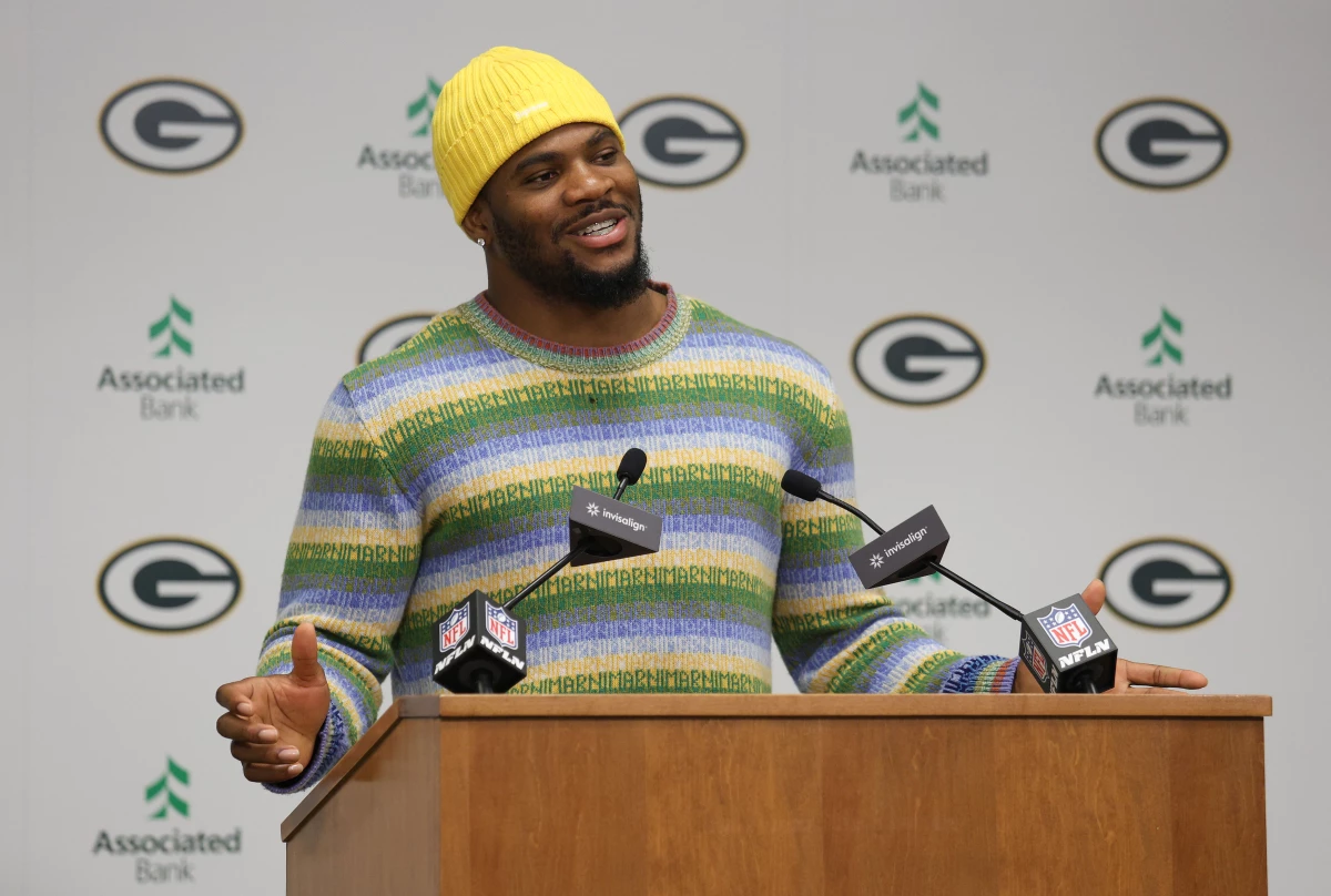 Former Dallas Cowboy Micah Parsons speaks to the media during a press conference last week after being traded to the Green Bay Packers.