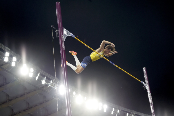Armand Duplantis, of Sweden, makes an attempt in the men's pole vault final at the European Athletics Championships in Rome, on June 12, 2024.