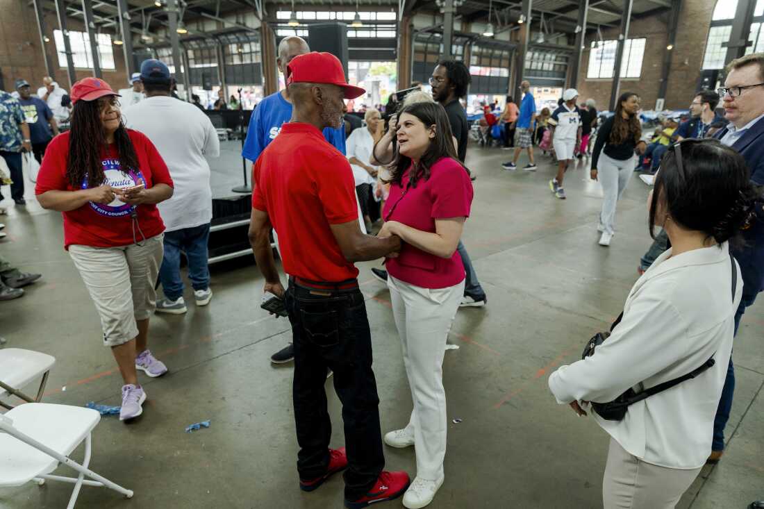 Haley Stevens speaks and interacts with voters at Councilwoman Mary Waters’ 5th Annual Senior Summer Sizzler event on July 28, 2026 at Eastern Market in Detroit, Mich.