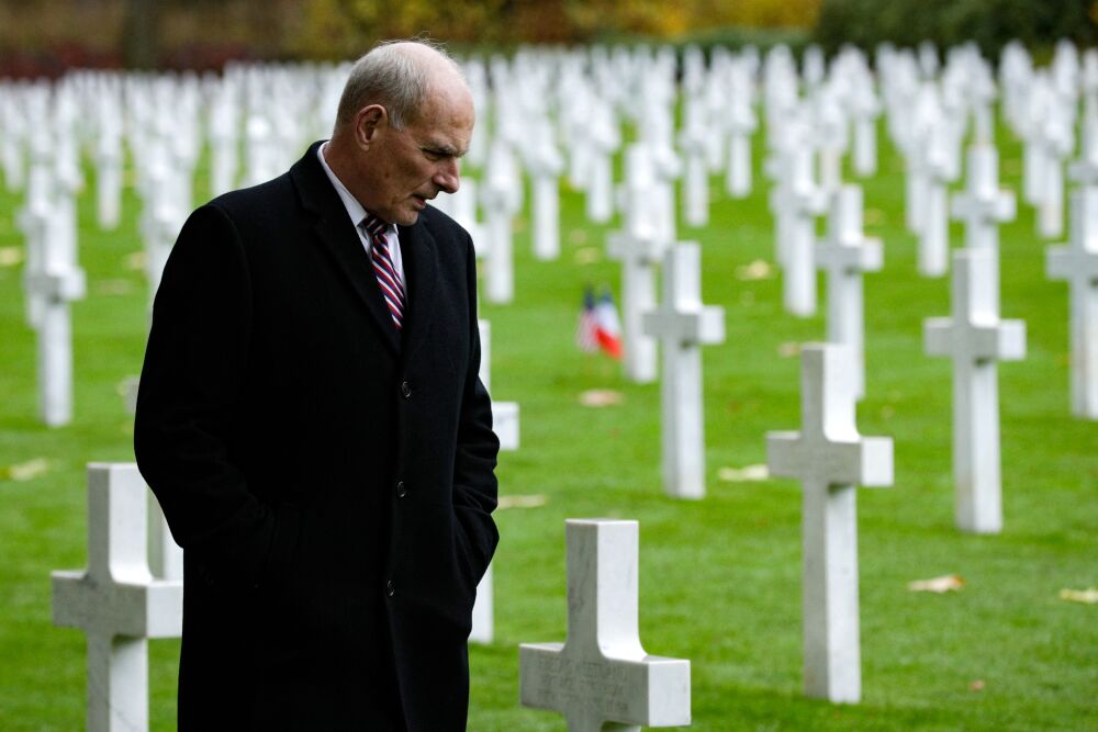 Former White House chief of staff John Kelly, seen here on a visit to the Aisne-Marne American Cemetery in Belleau, France, in 2018, has criticized his former boss Donald Trump. (AFP via Getty Images)