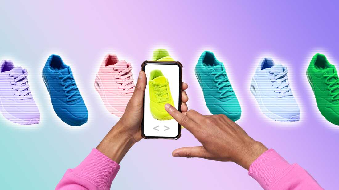 A photo collage showing a pair of outstretched arms donning pink sleeves. The person holds a phone out in front of a pair of lime-colored sneakers. The lime sneakers are in the center of a line up of identical sneakers in varying bright colors. The image is set against a gradient background that changes from aqua to purple.