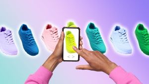 A photo collage showing a pair of outstretched arms donning pink sleeves. The person holds a phone out in front of a pair of lime-colored sneakers. The lime sneakers are in the center of a line up of identical sneakers in varying bright colors. The image is set against a gradient background that changes from aqua to purple.