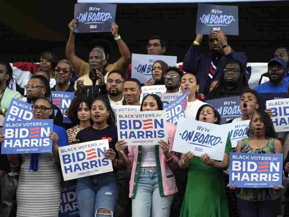 Supporters listen as President Biden speaks during a Black Voters for Biden campaign event at Girard College, Wednesday, May 29, in Philadelphia. Biden won Black voters under 45 with around 80% in 2020.