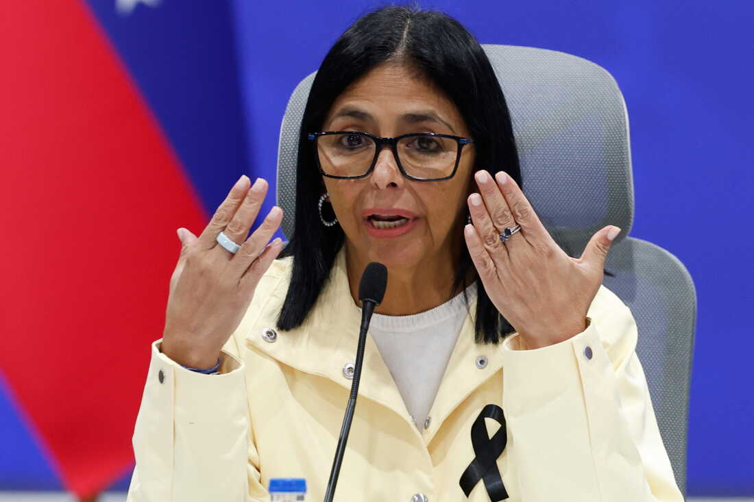 Venezuela's acting President Delcy Rodríguez speaks during a press conference addressing the government's response to the back-to-back earthquakes in Caracas, Venezuela, Thursday, July 2, 2026.