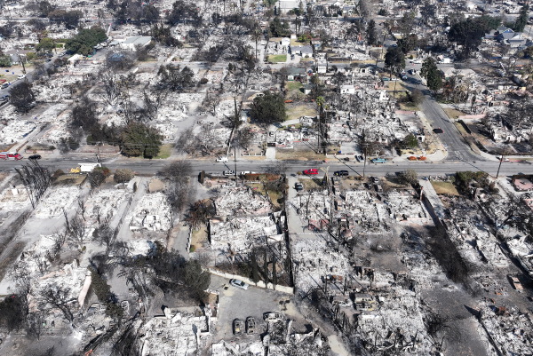 An aerial view of homes which burned in the Eaton Fire on Jan. 19, 2025 in Altadena, California.