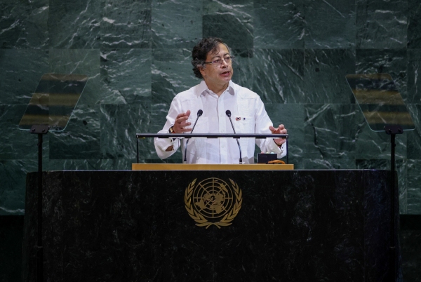 Standing in front of a lectern equipped with two microphones, Colombian President Gustavo Petro speaks during the United Nations General Assembly in New York City on September 23.