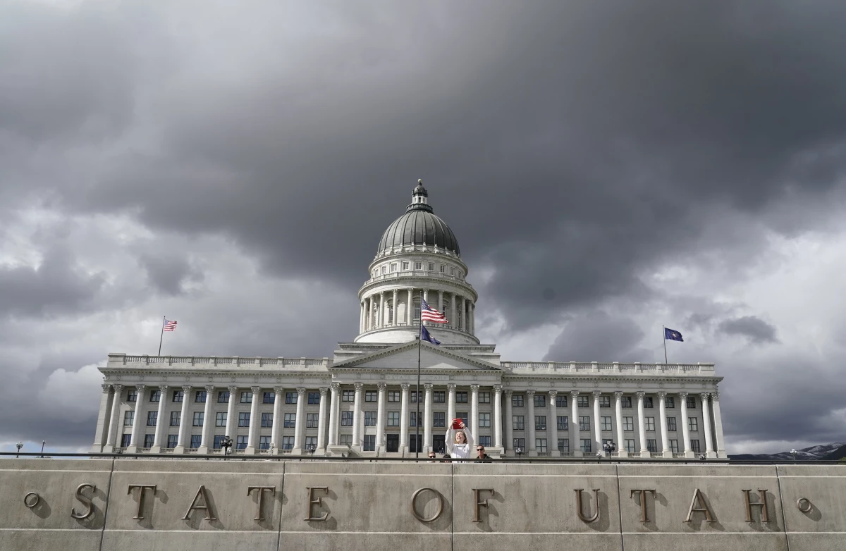 A women takes a picture at the Utah State Capitol on May 3, 2022 in Salt Lake City.