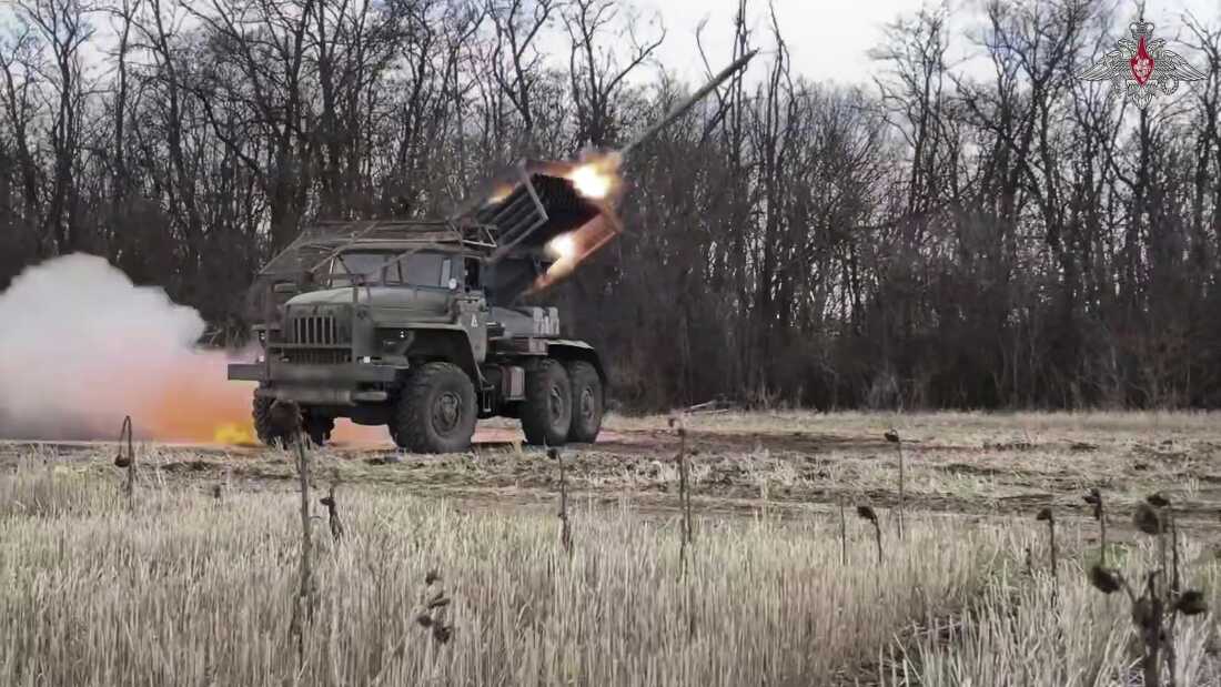 In this photo taken from video distributed by Russian Defense Ministry Press Service on Friday, April 18, 2025, the Russian BM-21 "Grad" self-propelled 122 mm multiple rocket launcher fires towards Ukrainian positions in Ukraine.
