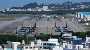 U.S. MV-22 Osprey transport aircraft are parked at the U.S. Marine Corps Air Station Futenma in Ginowan, on the main island of the Okinawa archipelago, southern Japan, Tuesday, Feb. 18, 2025.