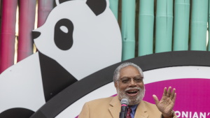 Secretary Lonnie G. Bunch III, who resigned as head of the Smithsonian Institution Tuesday, makes remarks at a ceremony welcoming the public to see the new giant pandas at the National Zoo, Bao Li and Qing Bao on Jan 24, 2025.