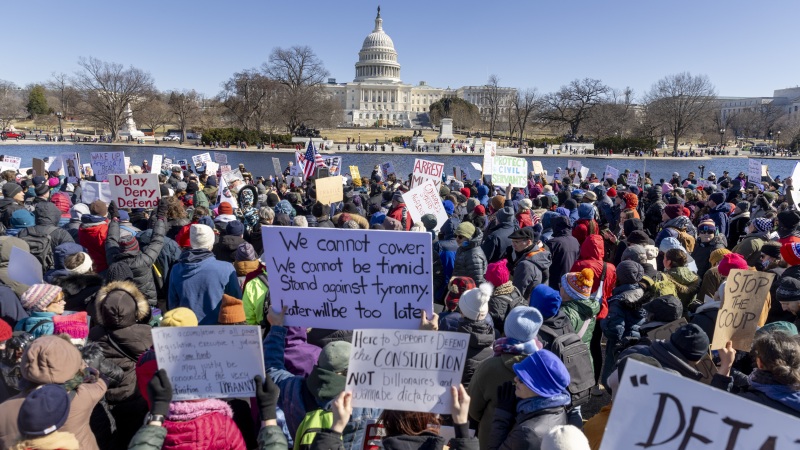 Thousands of people demonstrated at the Presidents Day protest against President Donald Trump and Elon Musk at the U.S. Capitol on Monday in Washington, D.C.