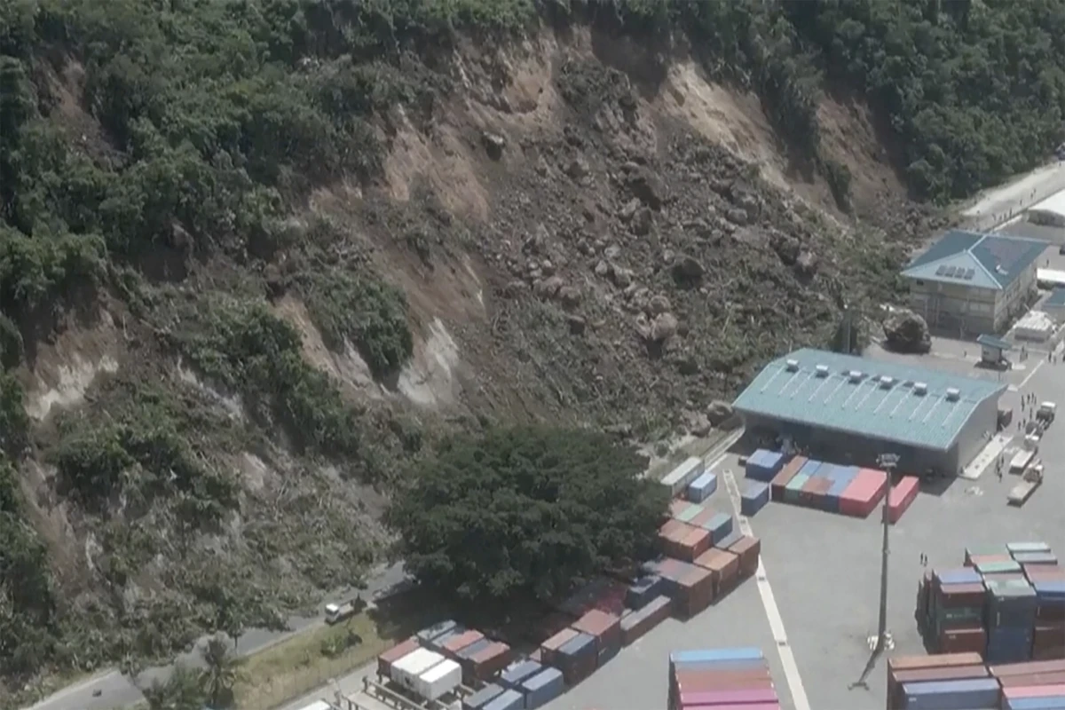 This image made from a video shows a landslide near an international shipping terminal in Port Vila, Vanuatu following a powerful earthquake on Tuesday.