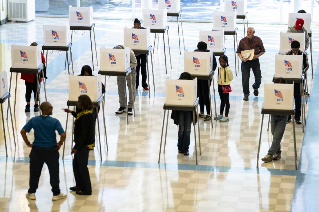Voters cast ballots at a high school.