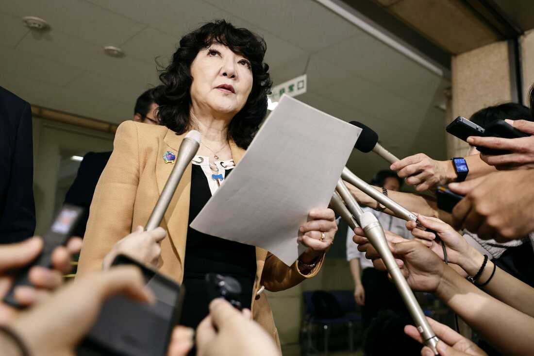 Japan's Finance Minister Satsuki Katayama speaks to reporters at the Finance Ministry in Tokyo Monday, Aug. 3, 2026.