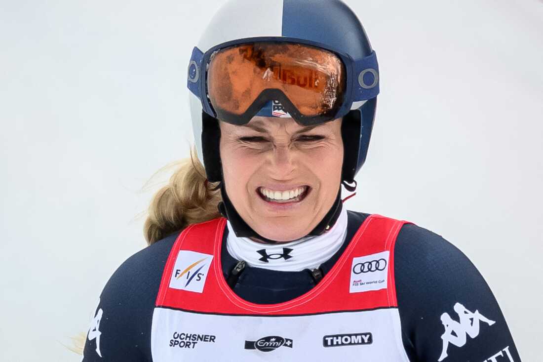 Skier Lindsey Vonn of the United States reacts after crashing in the women's downhill race Friday in Crans-Montana, Switzerland. The fall puts her potential Winter Olympics appearance next week in jeopardy.