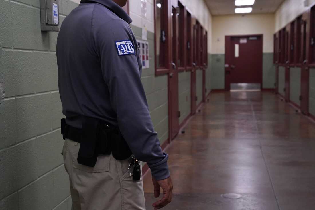 A security guard poses during a media tour of the Port Isabel Detention Center hosted by ICE in Los Fresnos, Texas in 2024. The Trump administration seeks to reopen family detention centers in the state.