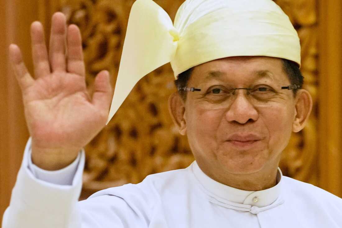 Myanmar's newly elected President Min Aung Hlaing waves as he leaves after a swearing-in ceremony at Union Parliament in Naypyitaw, Myanmar, on April 10, 2026.