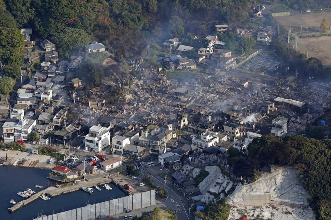 The aftermath of a fire is seen in Oita, southern Japan, Wednesday.