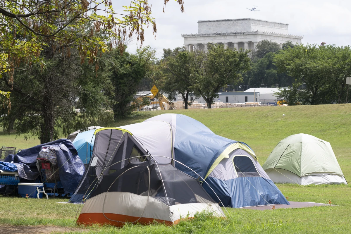 A homeless encampment is seen near the Lincoln Memorial in Washington, Wednesday, Aug. 13.