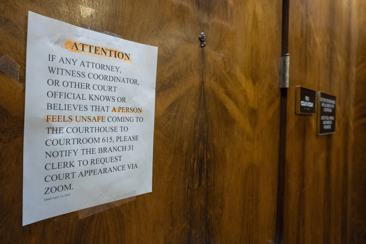 A sign is posted outside of county Judge Hannah Dugan's courtroom at the Milwaukee County Courthouse on April 25, the day she was arrested.