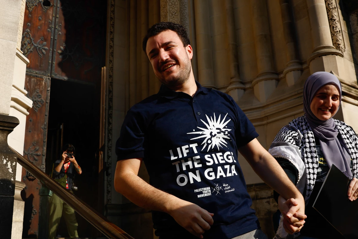 Former Columbia University student and pro-Palestinian protest leader Mahmoud Khalil, accompanied by his wife Noor Abdalla, arrives for a press conference outside the Cathedral of St. John the Divine in New York on June 22, 2025, two days after his release from US custody.