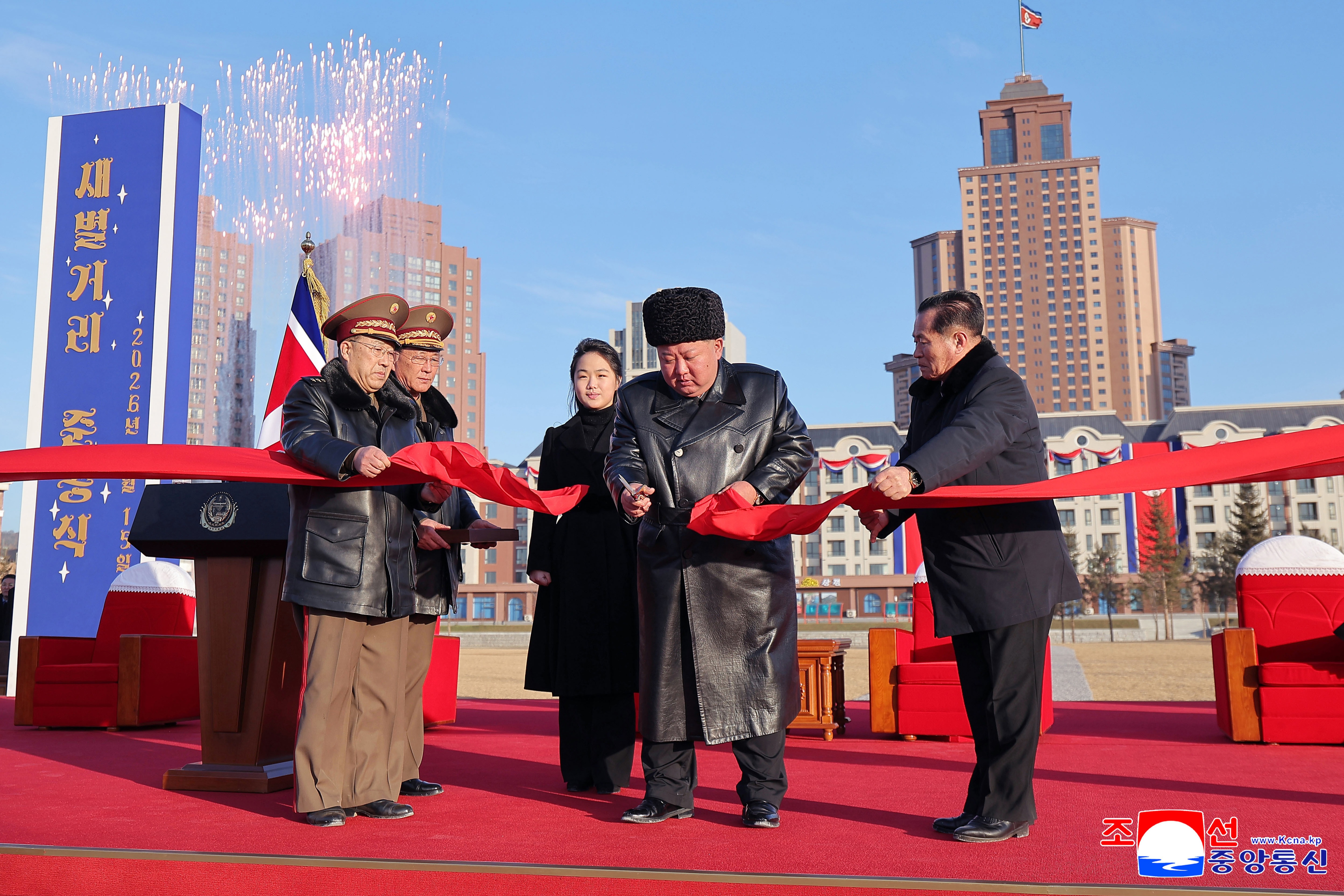 In this photo provided by the North Korean government, North Korean leader Kim Jong Un, second right, attends a completion ceremony of the new street, called Saeppyol Street in Pyongyang, North Korea Sunday, Feb. 15, 2026. Independent journalists were not given access to cover the event depicted in this image distributed by the North Korean government. The content of this image is as provided and cannot be independently verified.