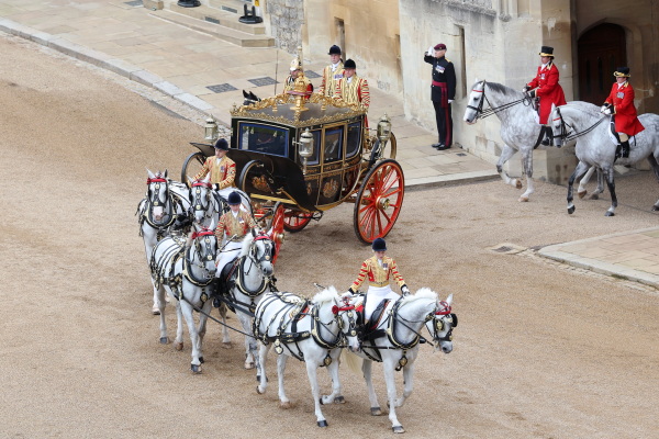 King Charles III and President Trump in the Irish State Coach at Windsor Castle on September 17, 2025 in Windsor, England.