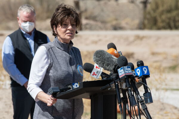 Yvette Herrell addresses the press during a visit to El Paso, Texas on March 15, 2021. Herrell is fighting to win back the congressional seat she lost to Rep. Gabe Vasquez in 2022.